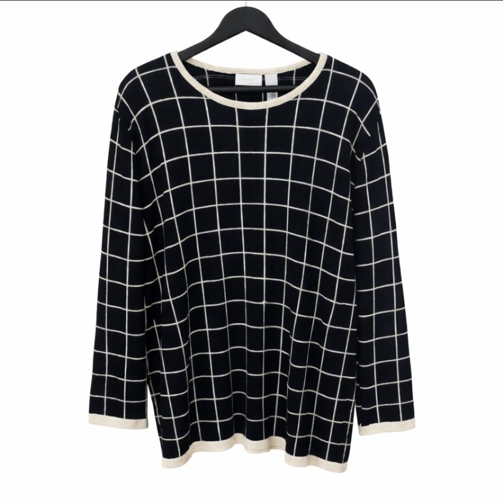 NWT Liz Claiborne Dark Navy Knit Sweater With Ivory Windowpane Pattern Sz 1X